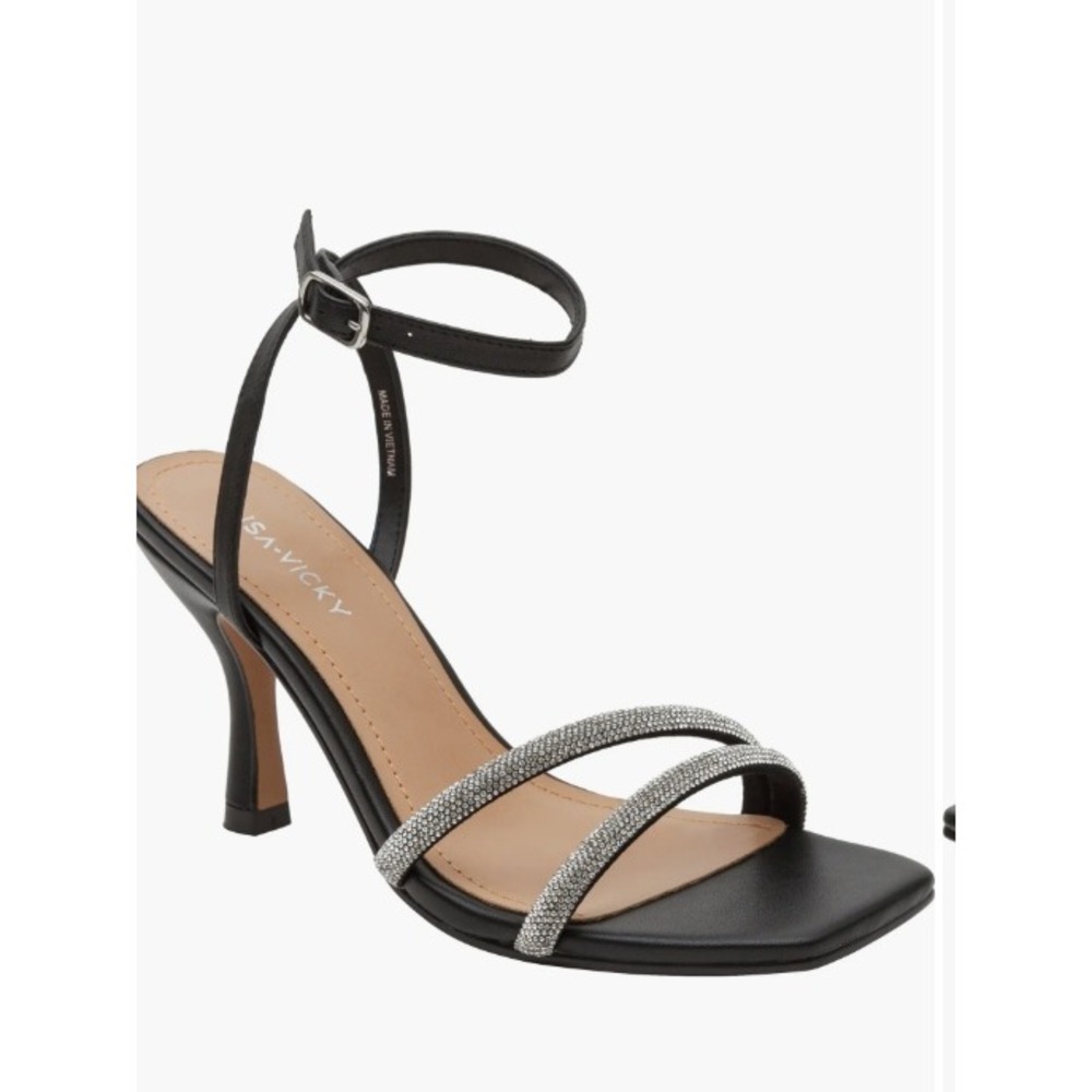NEW Lisa Vicky Black Rhinestone Strap Heels Sandals Party Evening Shoes Sz 11